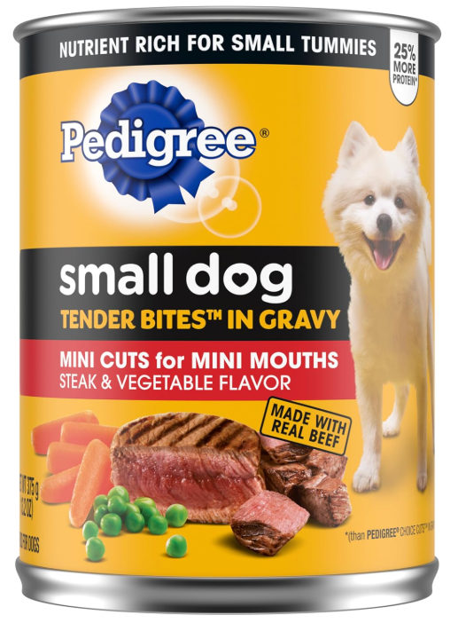 Pedigree Small Dog Tender Bites in Gravy, Steak & Vegetable Flavor Canned Wet Dog Food, (12) 13.2 oz. Cans