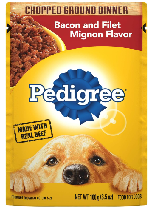 PEDIGREE CHOPPED GROUND DINNER Adult Soft Wet Dog Food, Bacon and Filet Mignon Flavor, 3.5 oz Pouches, 16 Pack