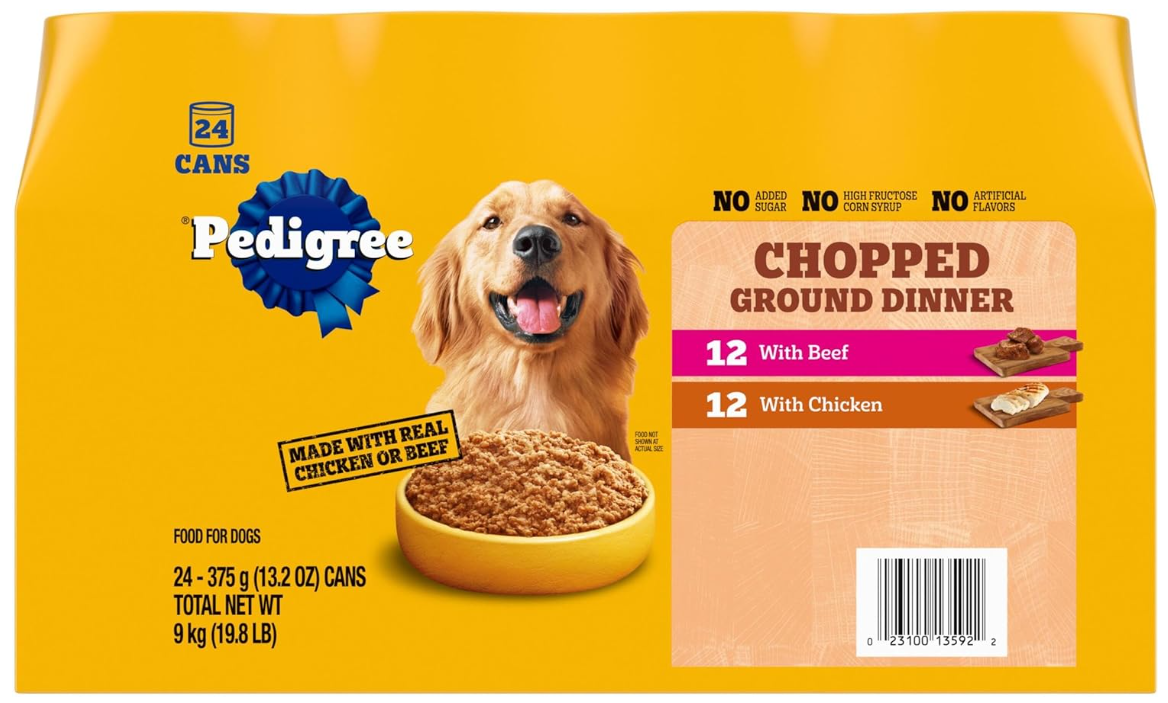 Pedigree Chopped Ground Dinner Wet Dog Food Chicken & Beef Variety Pack, 13.2 oz. Cans (24 Count, Pack of 1)