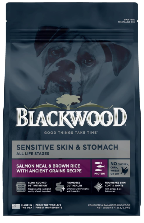 Blackwood Sensitive Skin & Stomach Dry Dog Food, Salmon Meal & Brown Rice with Ancient Grains, 4.5 Pound Bag with Prebiotics & Probiotics to Promote Gut Health